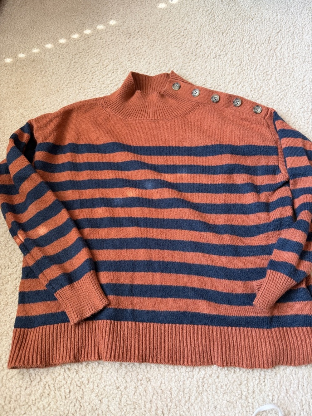LOFT Rust & Navy Striped Mock Neck Sweater with Shoulder Buttons